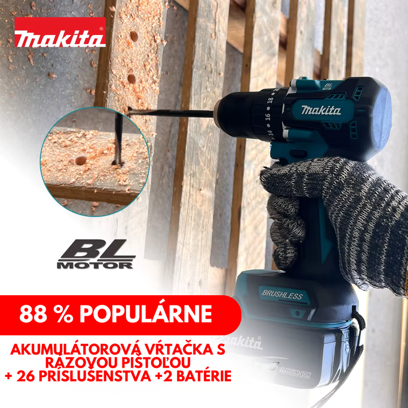 ORIGINÁLNA SADA MAKITA: AKUMULÁTOROVÁ VŔTAČKA S RÁZOVOU PIŠTOĽOU + 26 PRÍSLUŠENSTVA + 2 BATÉRIE – BLACK FRIDAY AKCIA