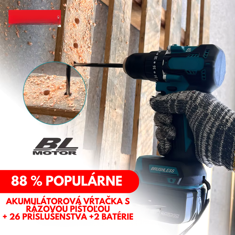 ORIGINÁLNA SADA: AKUMULÁTOROVÁ VŔTAČKA S RÁZOVOU PIŠTOĽOU + 26 PRÍSLUŠENSTVA + 2 BATÉRIE – BLACK FRIDAY AKCIA